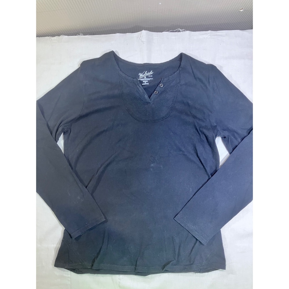 Woolrich Womens Black Cotton Long Sleeve Henley Shirt Size M 7208
